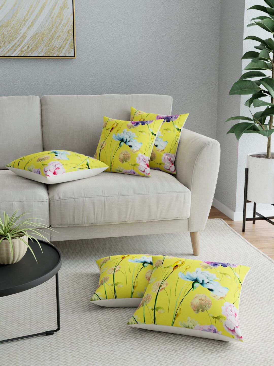 LA VERNE Yellow & Blue Set of 5 Floral Square Cushion Covers Price in India