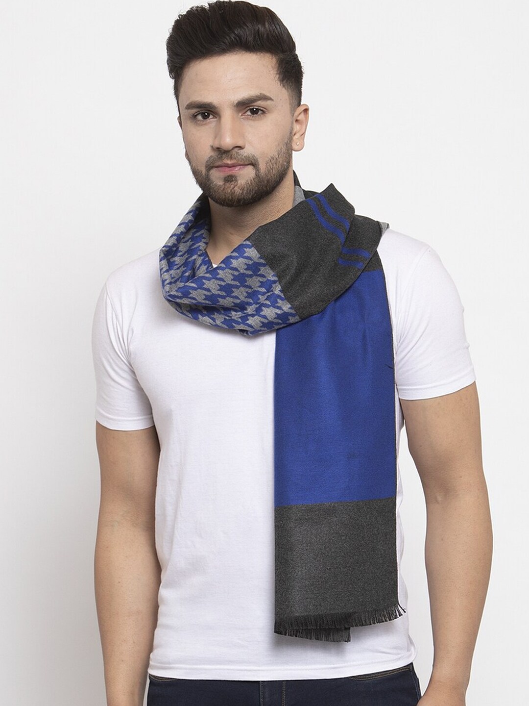 MAXENCE Blue and Grey Geometric Woven Design Muffler Price in India