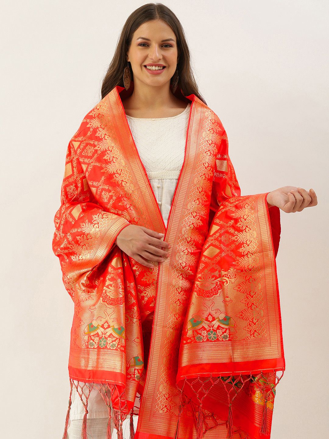 SANGAM PRINTS Peach-Coloured & Golden Banarasi Silk Woven Design Dupatta Price in India