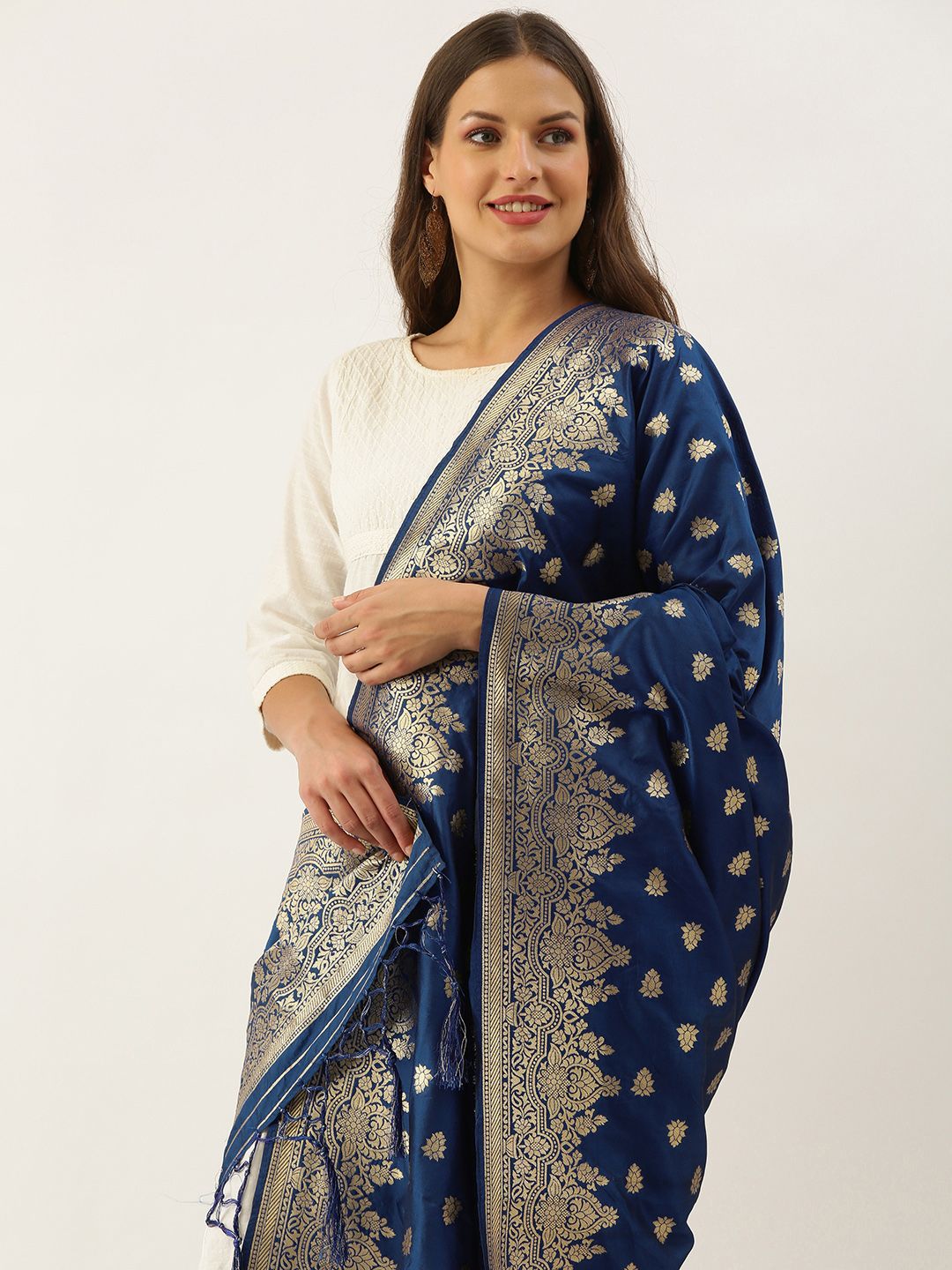 SANGAM PRINTS Blue & Golden Banarasi Silk Woven Design Dupatta Price in India