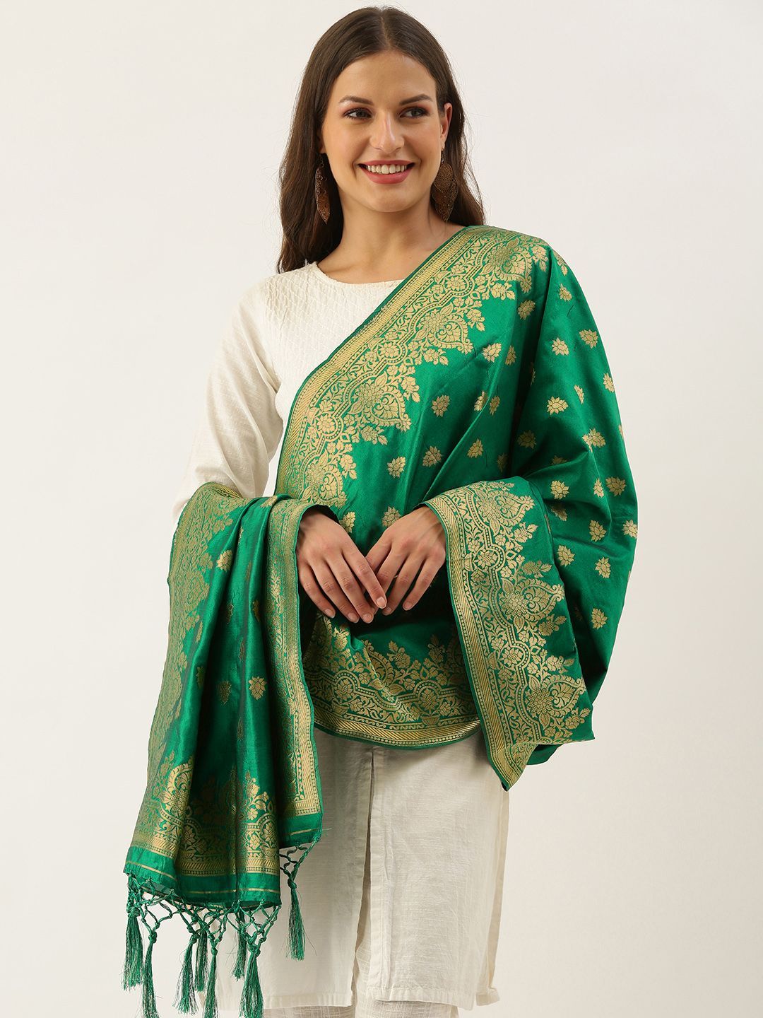 SANGAM PRINTS Green & Golden Ethnic Motifs Woven Design Dupatta with Tassel Border Price in India