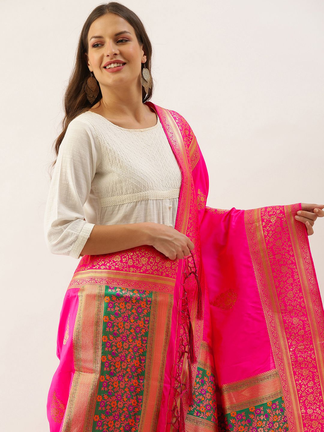 SANGAM PRINTS Pink & Golden Ethnic Motifs Woven Design Dupatta with Tassel Detail Price in India