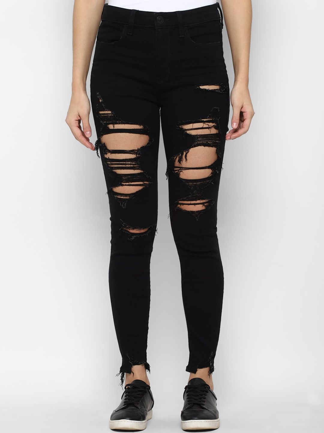 AMERICAN EAGLE OUTFITTERS Women Black Slim Fit High-Rise Highly Distressed Jeans Price in India