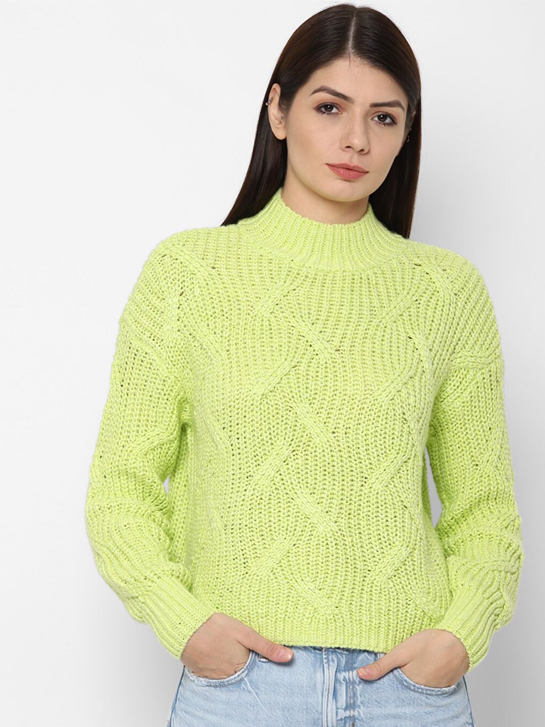 AMERICAN EAGLE OUTFITTERS Women Green Cable Knit Pullover Price in India