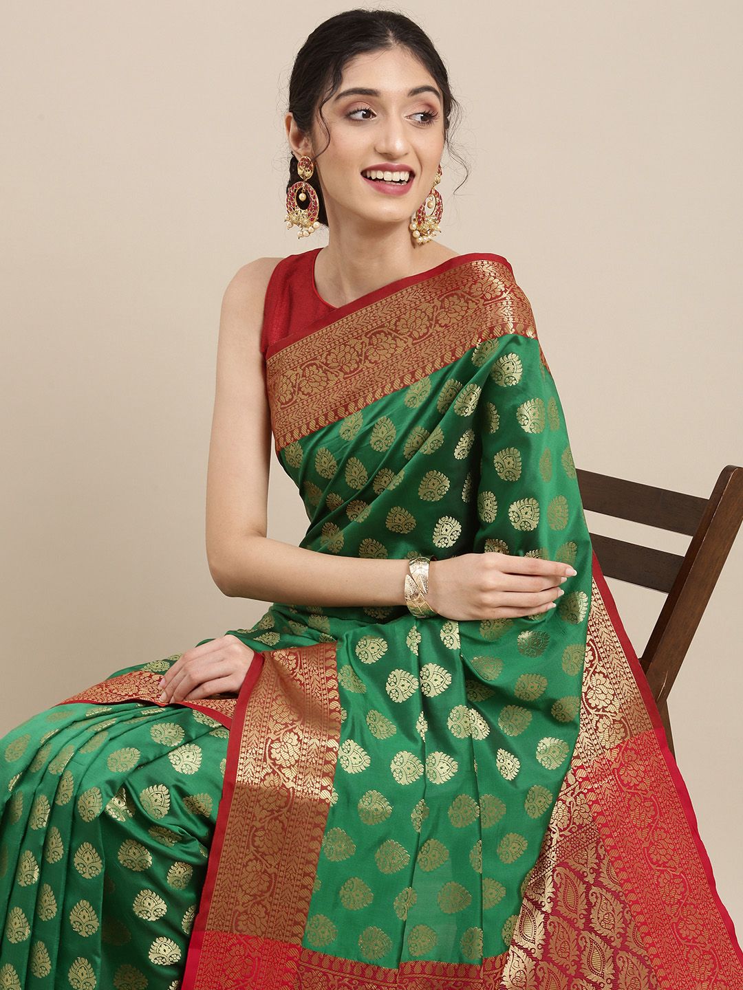 Mitera Green & Red Woven Design Zari Silk Blend Banarasi Saree Price in India