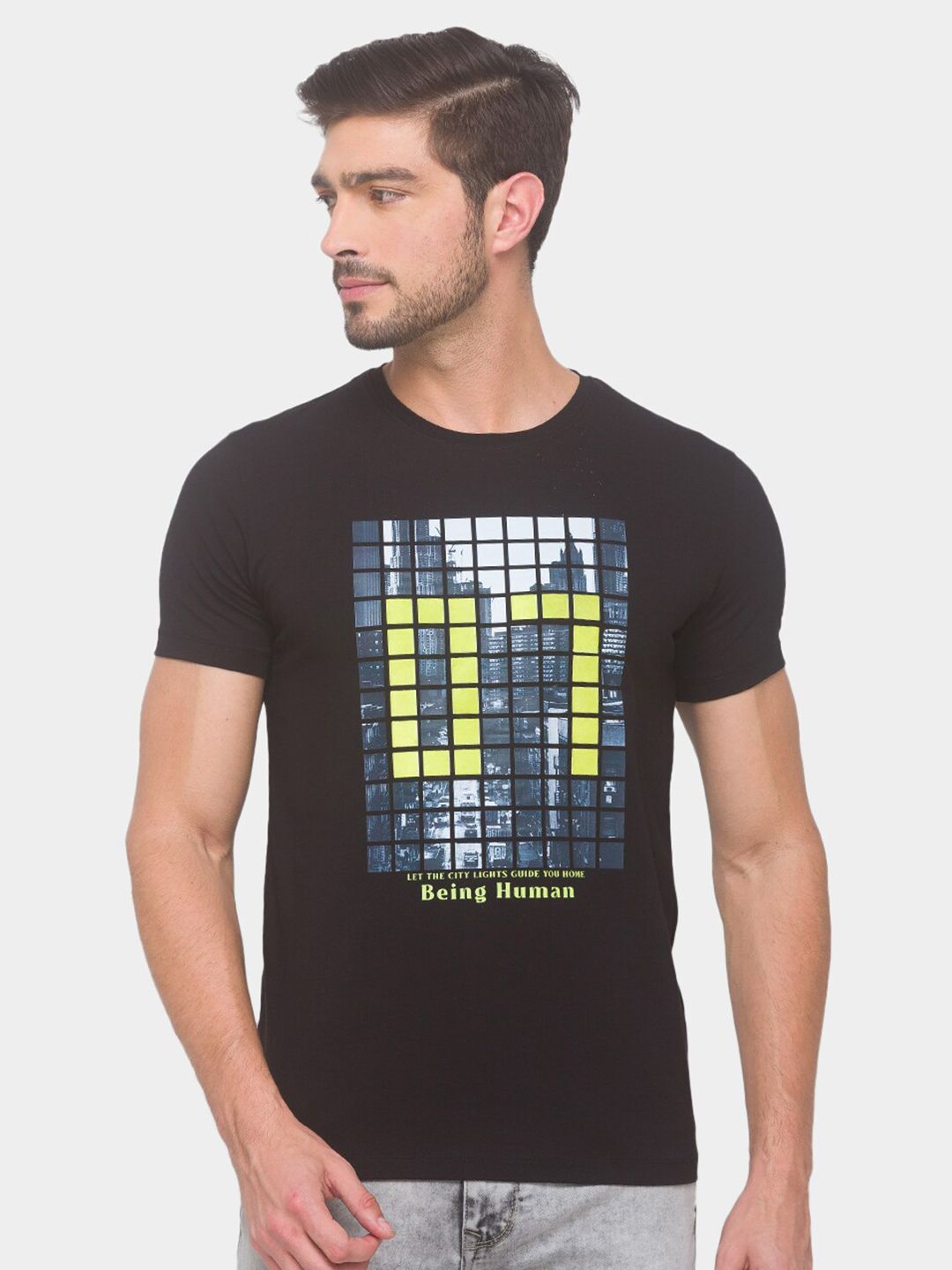 Being Human Men Black & Yellow Typography Printed T-shirt