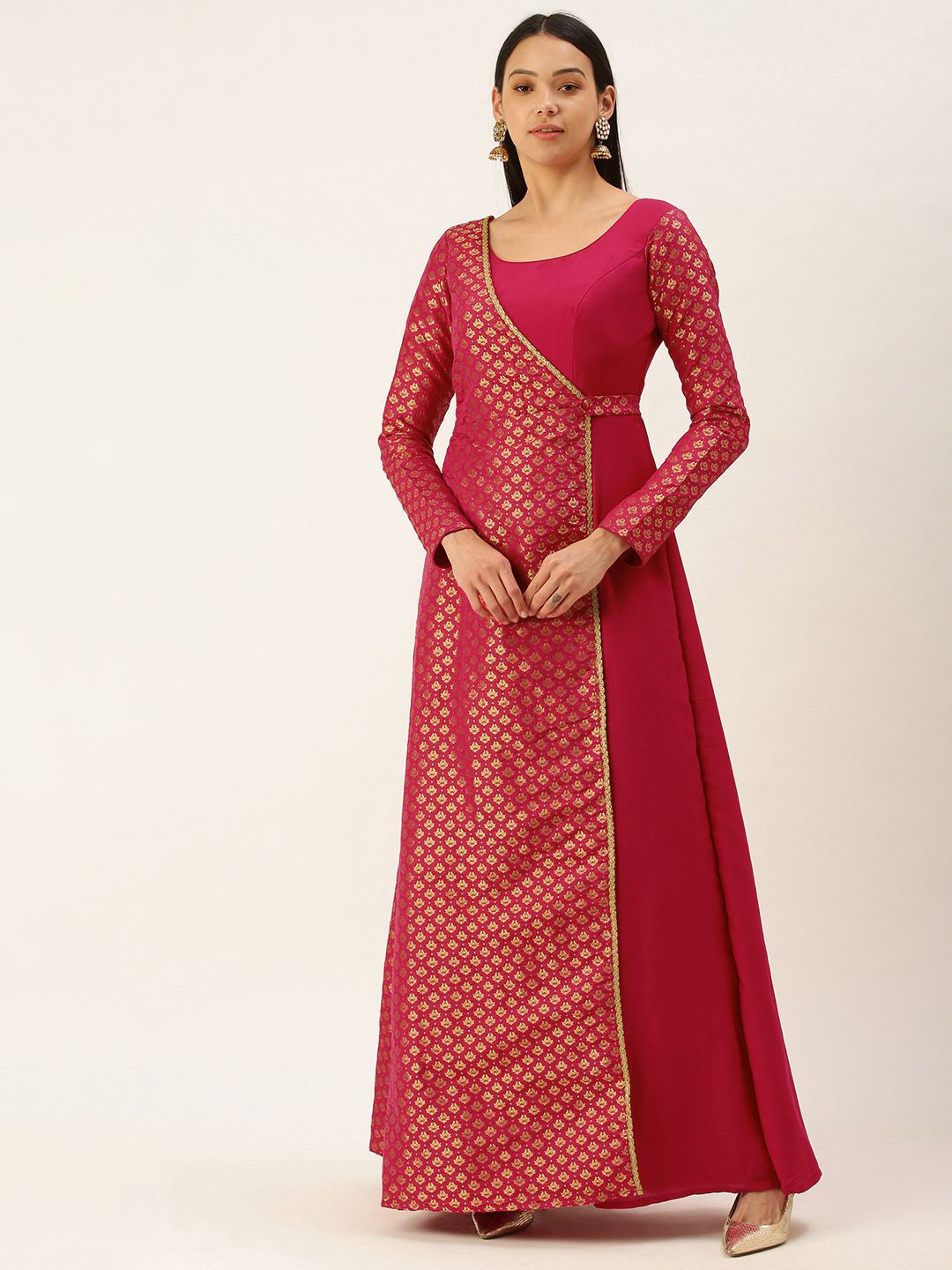 EthnoVogue Magenta & Golden Silk Woven Design Made To Measure Maxi Wrap Dress Price in India
