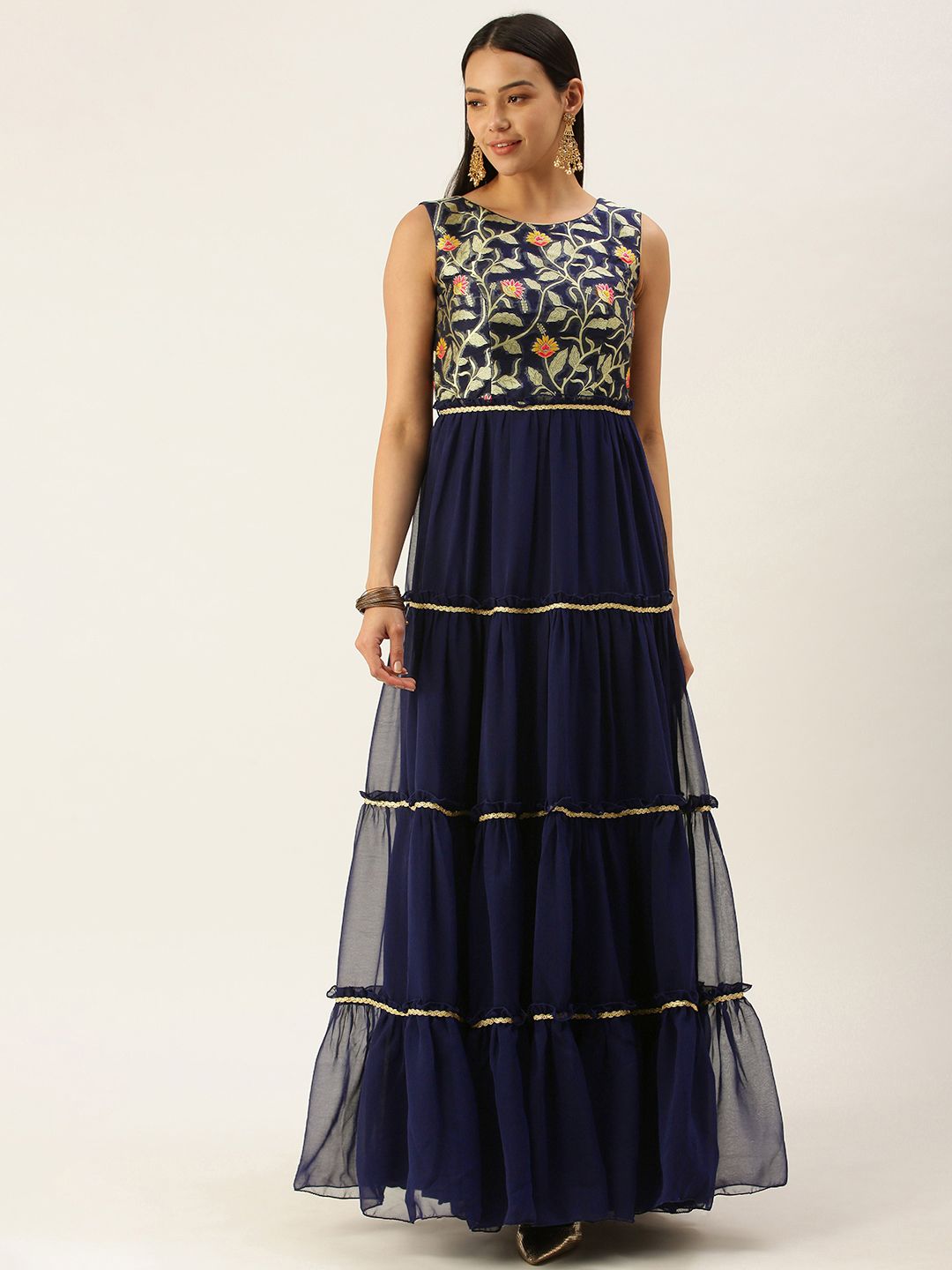 EthnoVogue Navy Blue Embroidered Made to Measure Tiered Maxi Dress Price in India