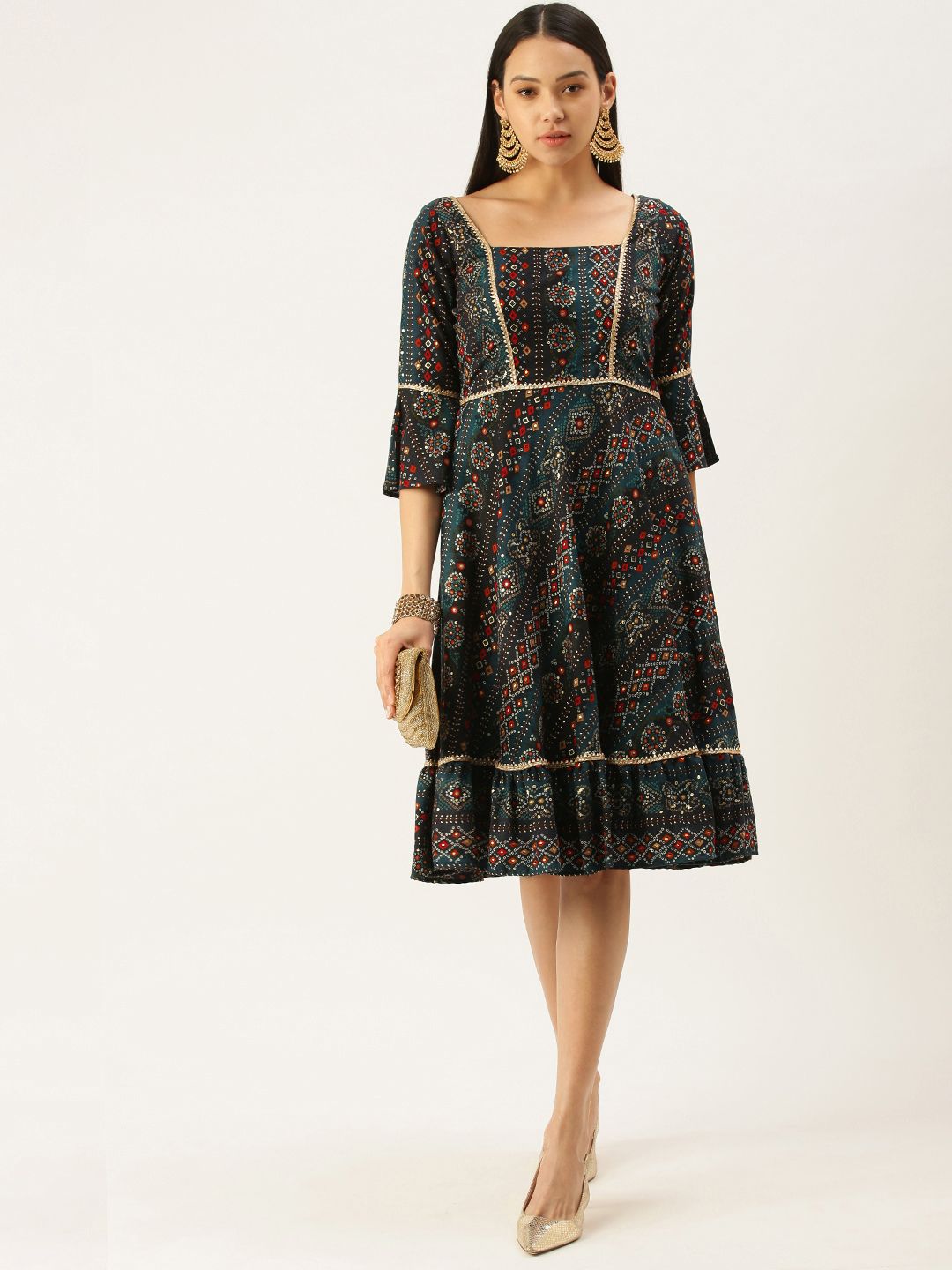 EthnoVogue Blue & Black Bandhani Print Made To Measure A-Line Dress Price in India