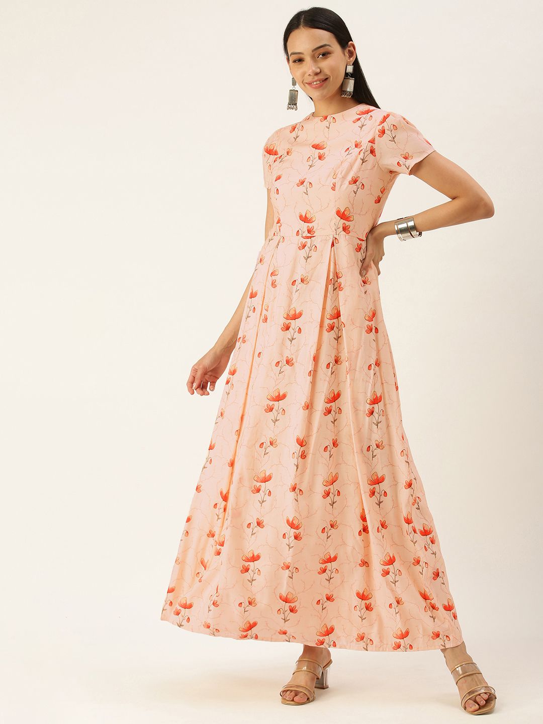 EthnoVogue Peach-Coloured & Red Floral Print Satin Made To Measure Maxi Dress Price in India