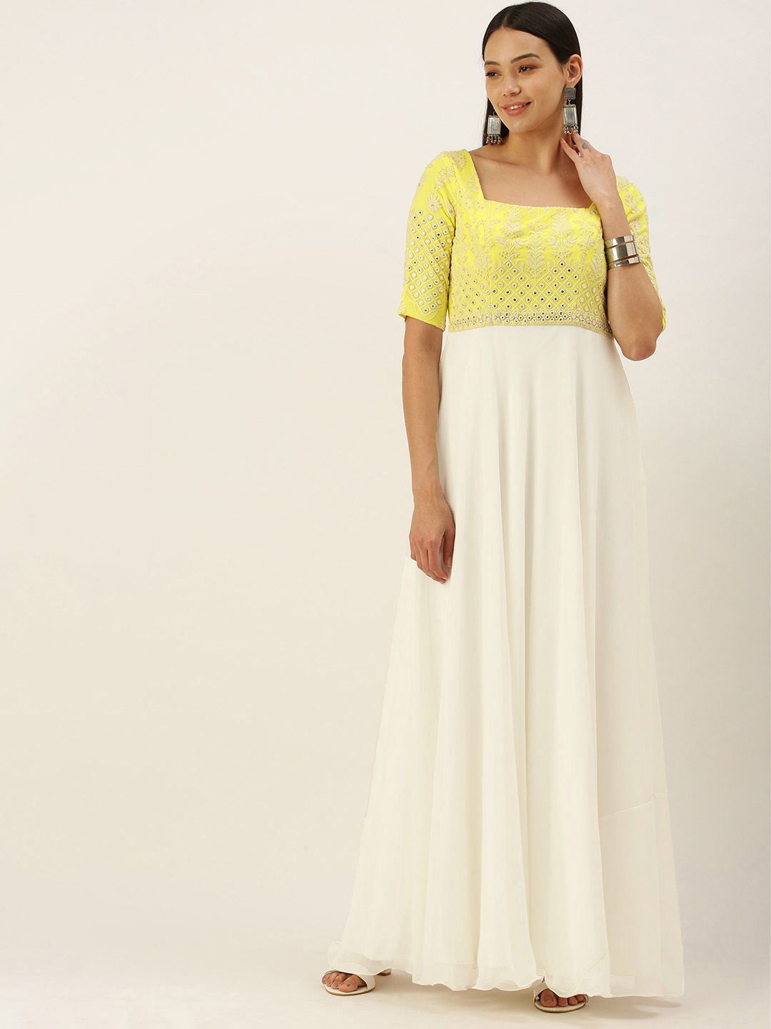 EthnoVogue White & Yellow Embroidered Made To Measure Maxi Dress Price in India