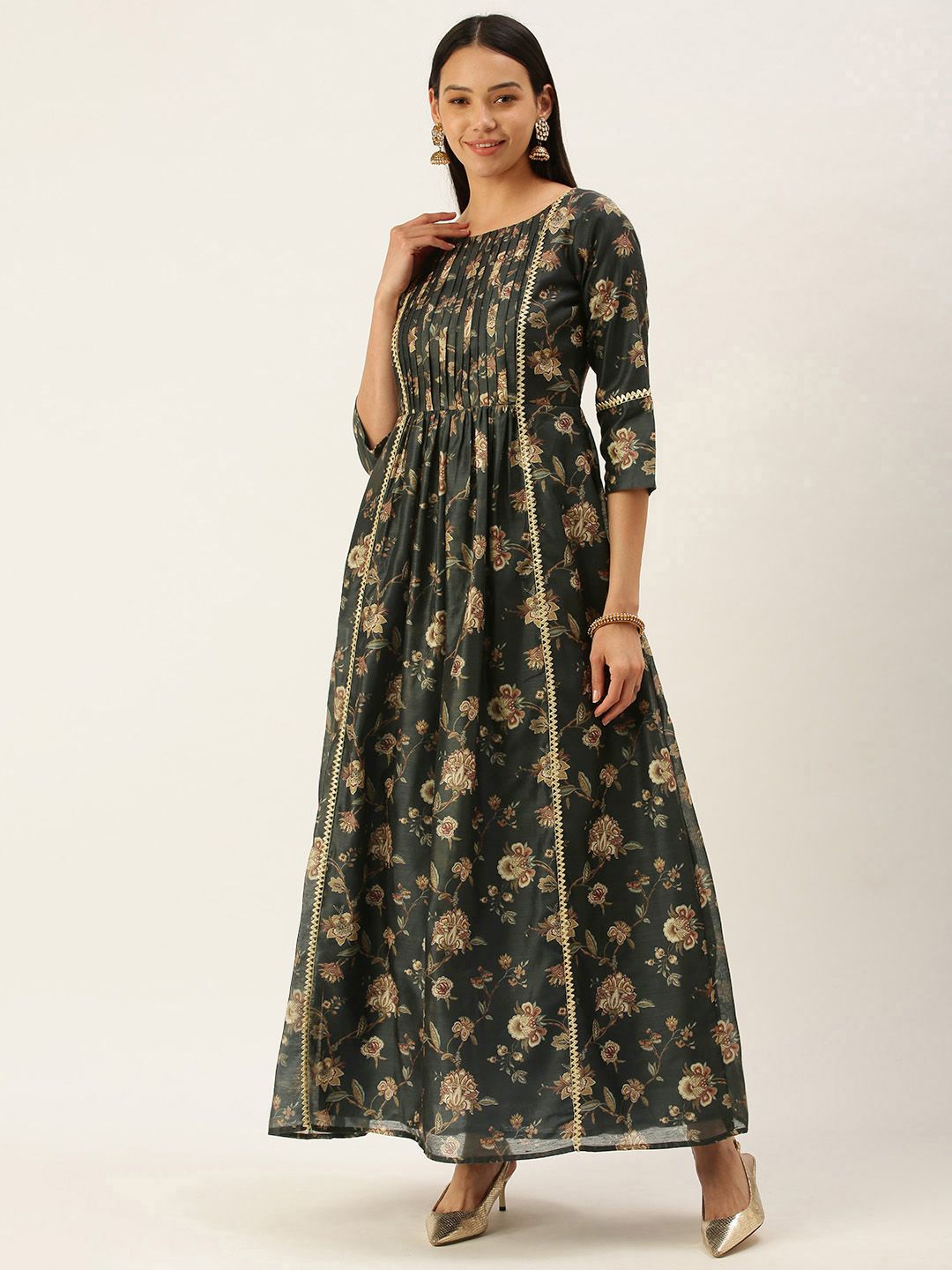 EthnoVogue Green & Golden Floral Satin Made To Measure Maxi Dress Price in India