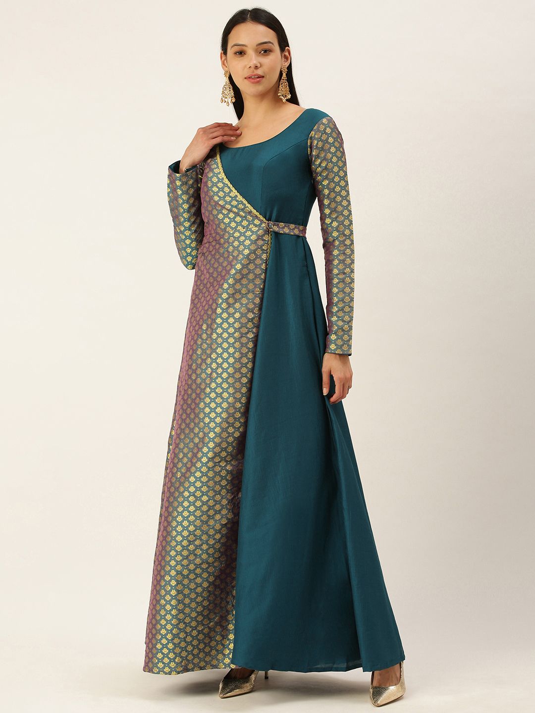 EthnoVogue Blue & Golden Silk Woven Design Made to Measure Maxi Dress Price in India