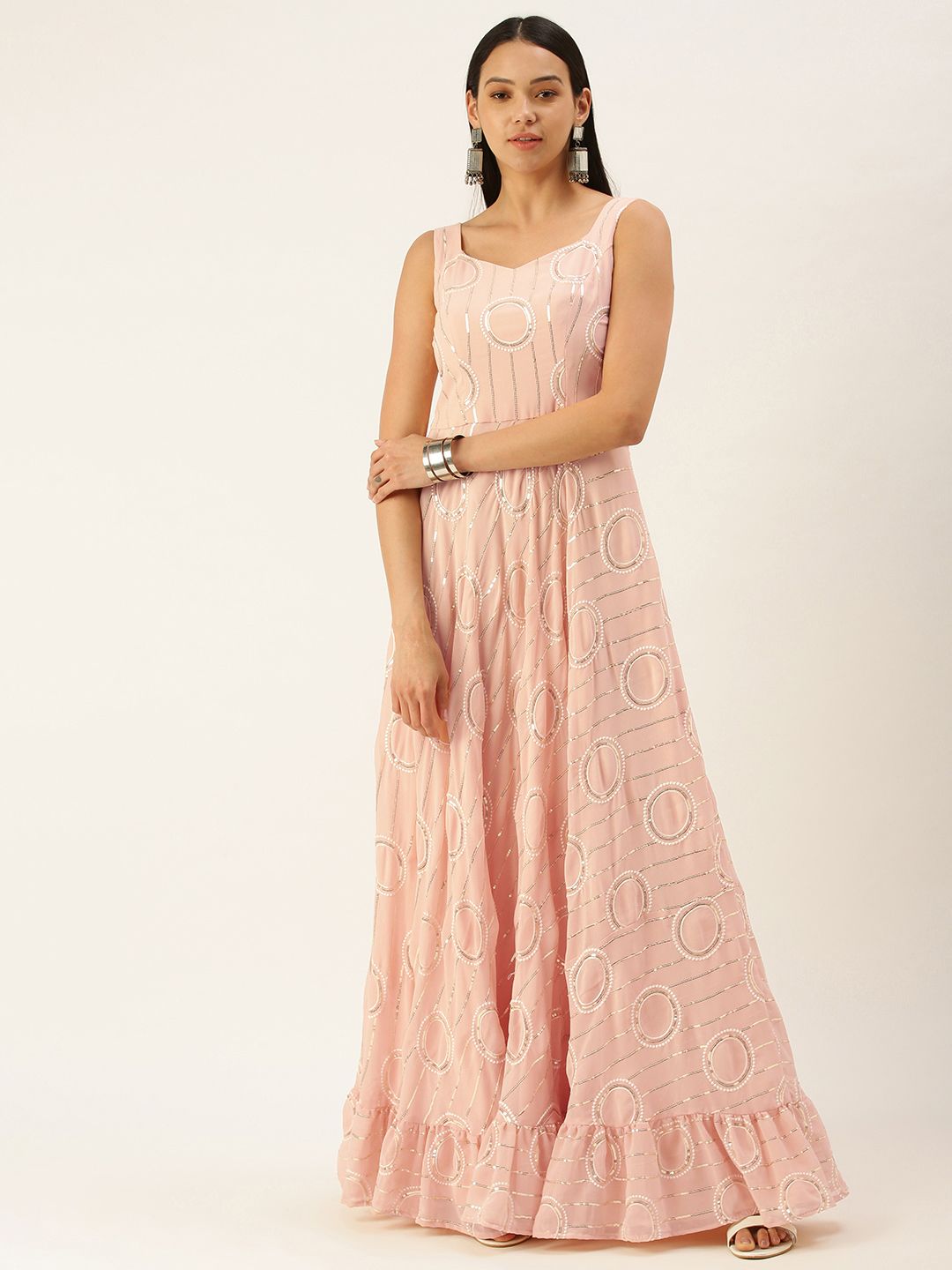 EthnoVogue Pink Embroidered Sequinned Made to Measure Maxi Dress Price in India