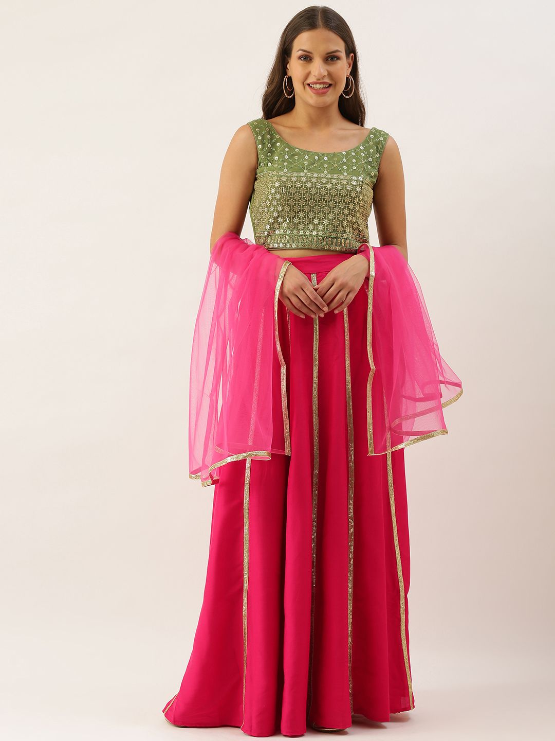 EthnoVogue Pink & Gold Embellished Made to Measure Lehenga & Blouse With Dupatta Price in India