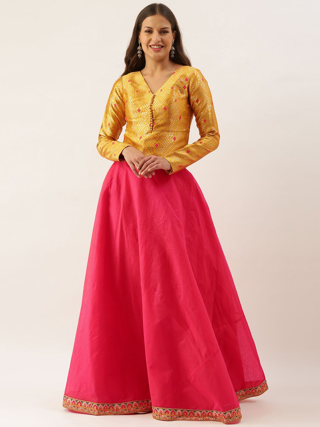 EthnoVogue Pink & Mustard Yellow Made to Measure Fusion Zari Lehenga Choli Price in India