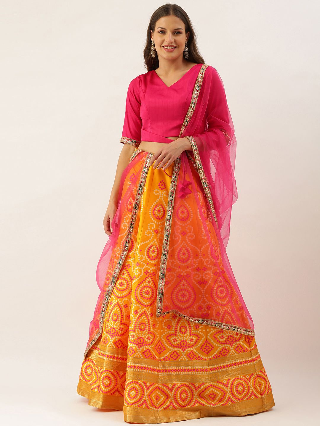 EthnoVogue Mustard Yellow Bandhani Woven Design Made to Measure Lehenga & Blouse Dupatta Price in India