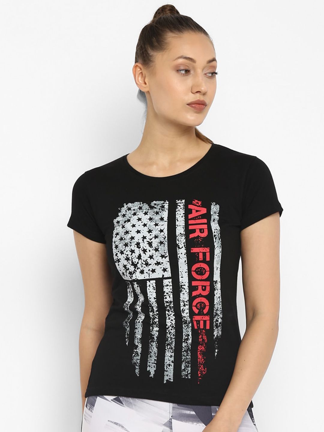 appulse Women Black Printed Slim Fit Running T-shirt Price in India