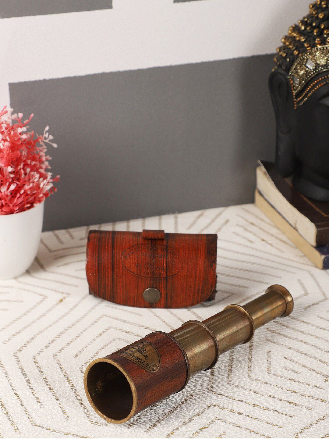 EXIM DECOR Rustic Brown & Gold-Toned Brass Antique Leather Wrapped Telescope Showpiece Price in India