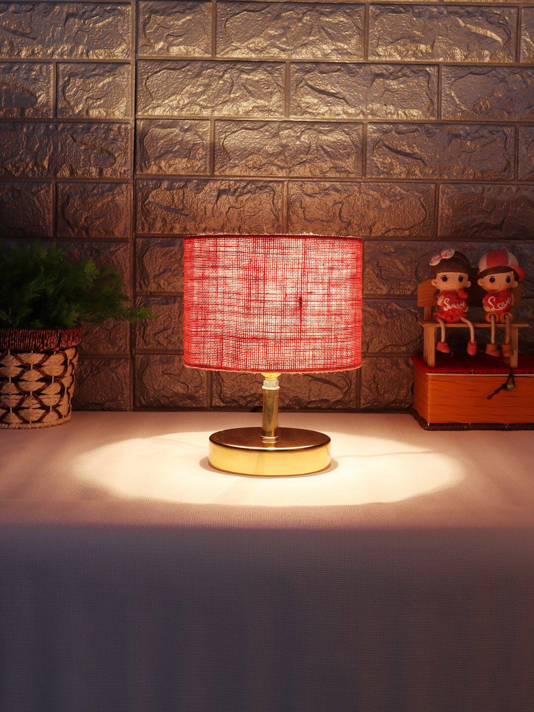 Devansh Pink & Gold-Toned Metal Table Lamp With Jute Shade Price in India