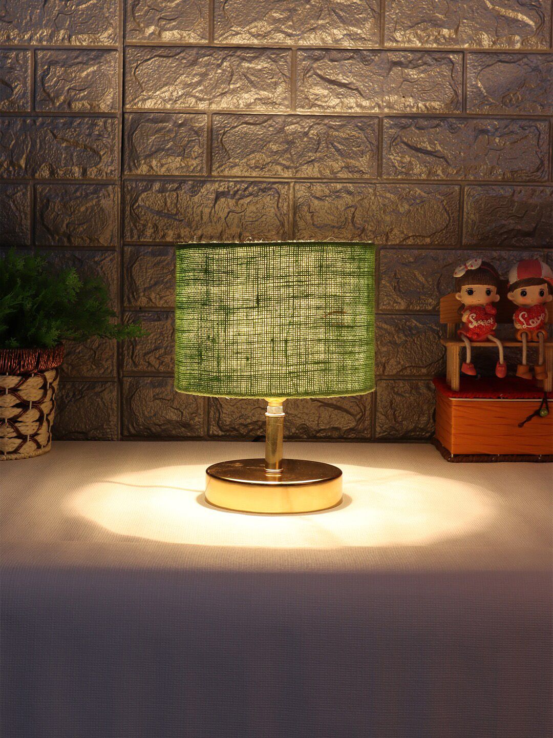 Devansh Green & Gold-Toned Metal Table Lamp with Bamboo Shade Price in India