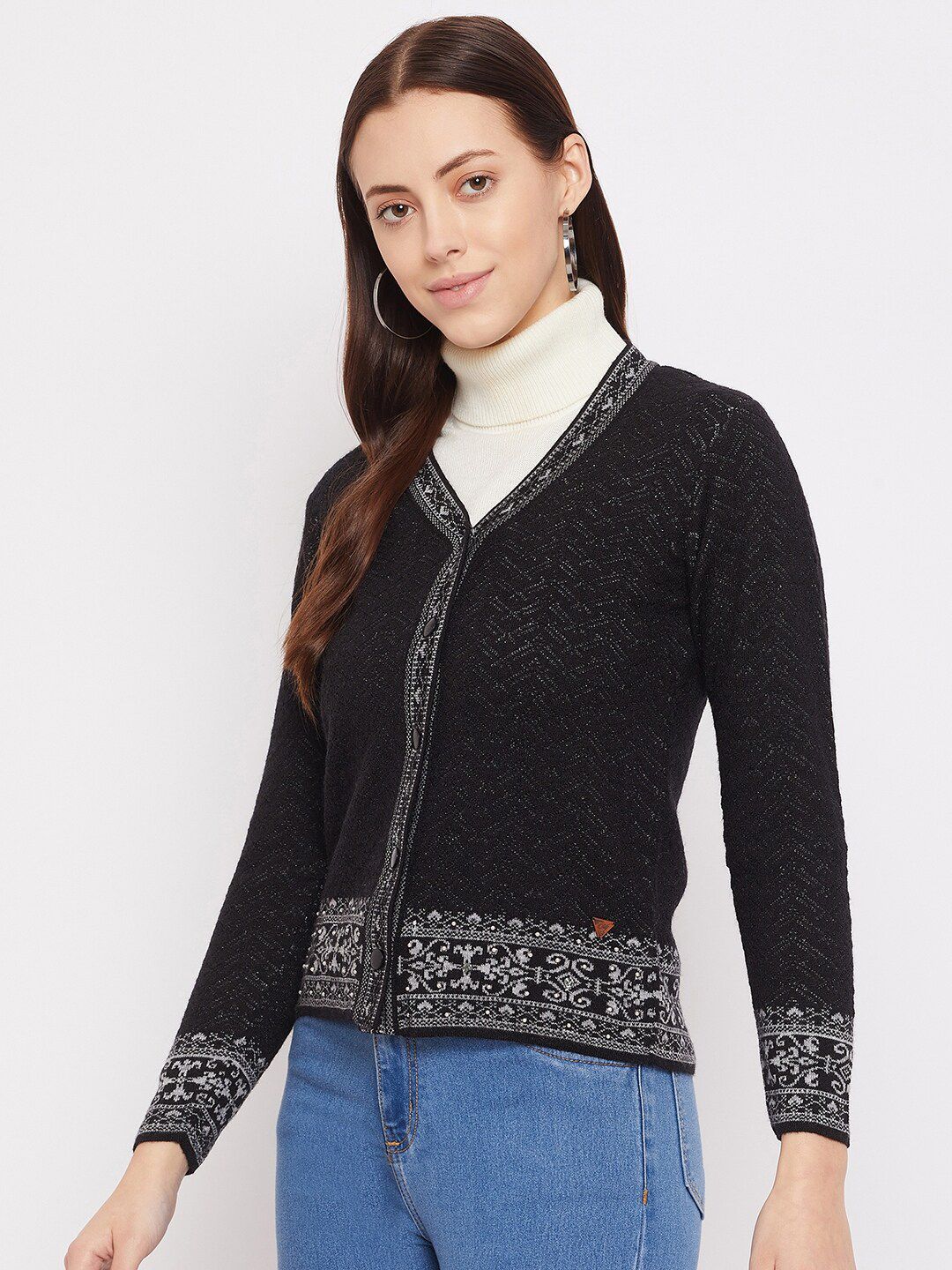 Duke Women Black & White Printed Cardigan Price in India