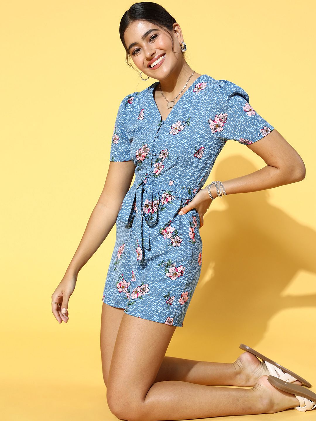 Mast & Harbour Women Blue Printed Playsuit Price in India