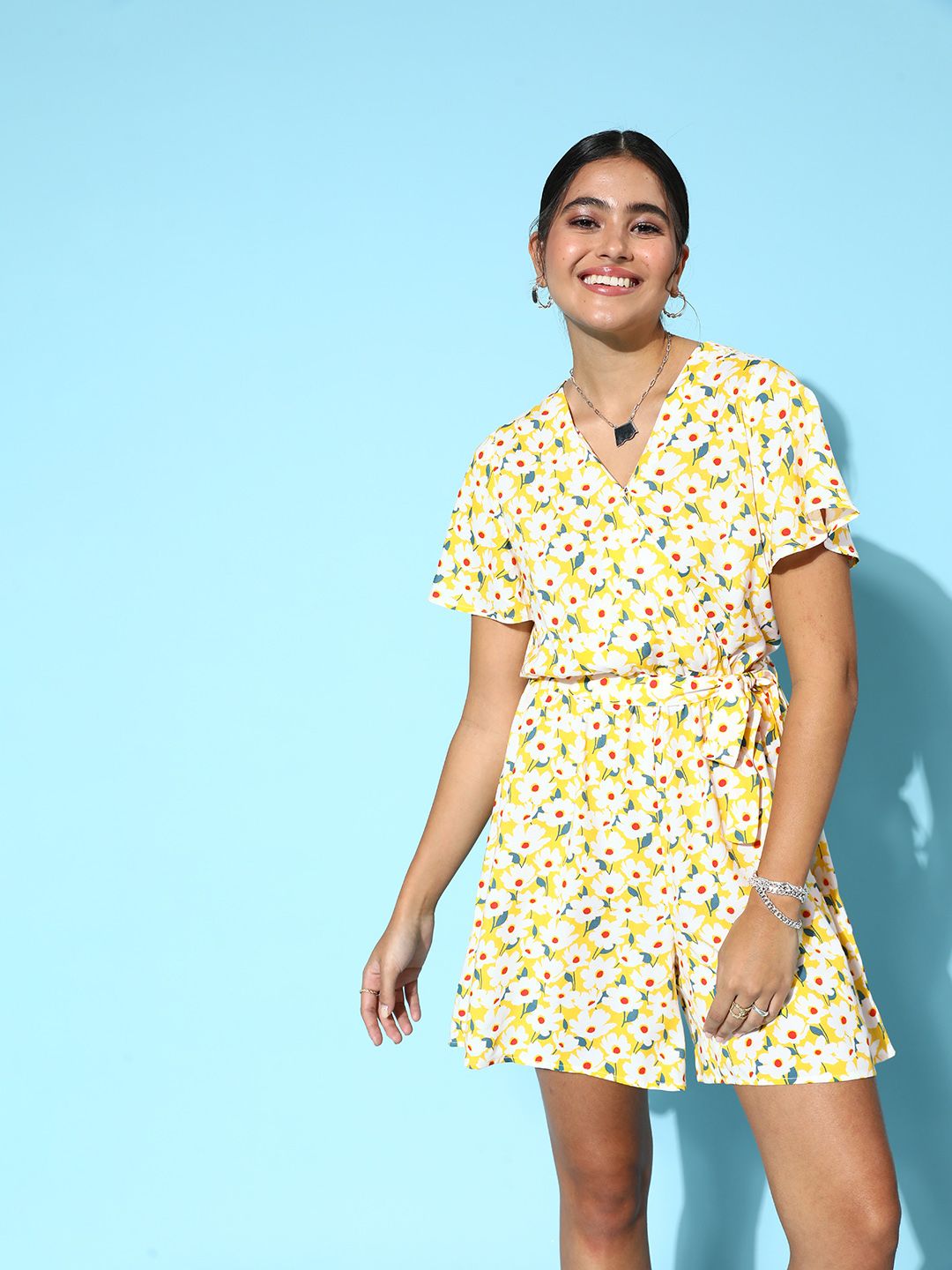 Mast & Harbour Women Bright Yellow Printed Playsuit Price in India
