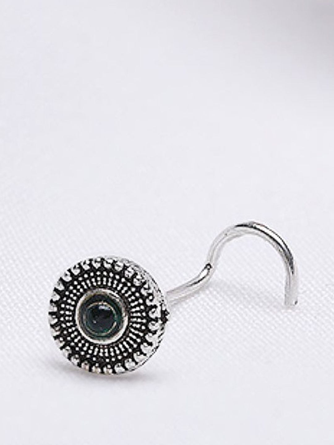 GIVA GIVA Oxidised Silver-Toned & Green Nose Ring