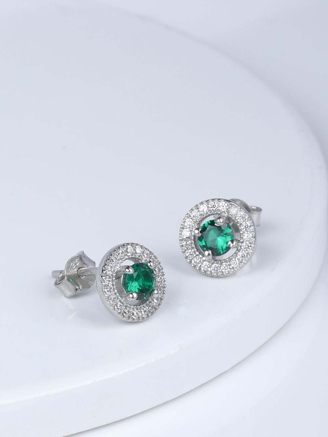 GIVA Silver-Toned & Green 925 Sterling Silver Contemporary Shining Halo Studs Earrings Price in India