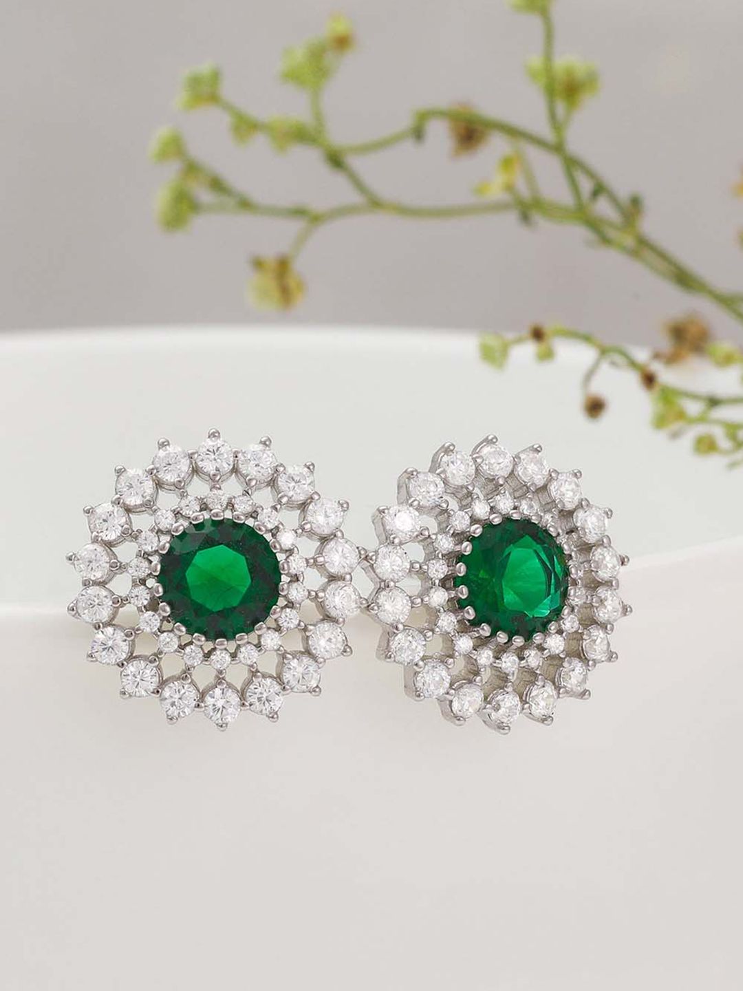 GIVA Silver-Toned & Green Contemporary Rhodium-Plated Cubic Zirconia Studs Earrings Price in India