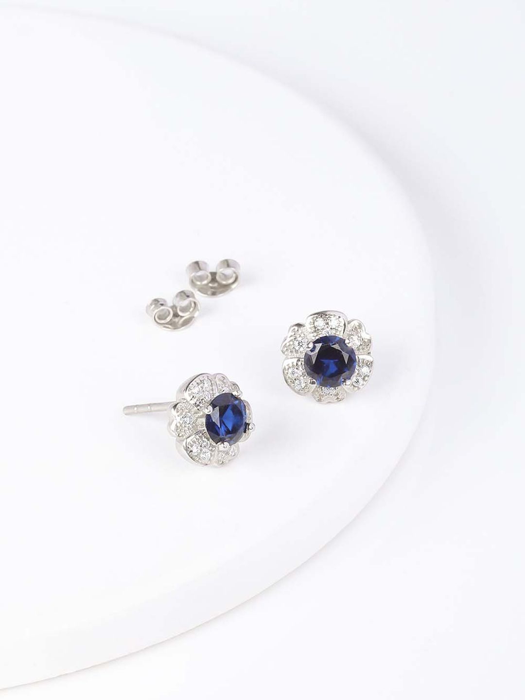 GIVA Silver-Toned & Blue CZ-Studded Contemporary Studs Earrings Price in India