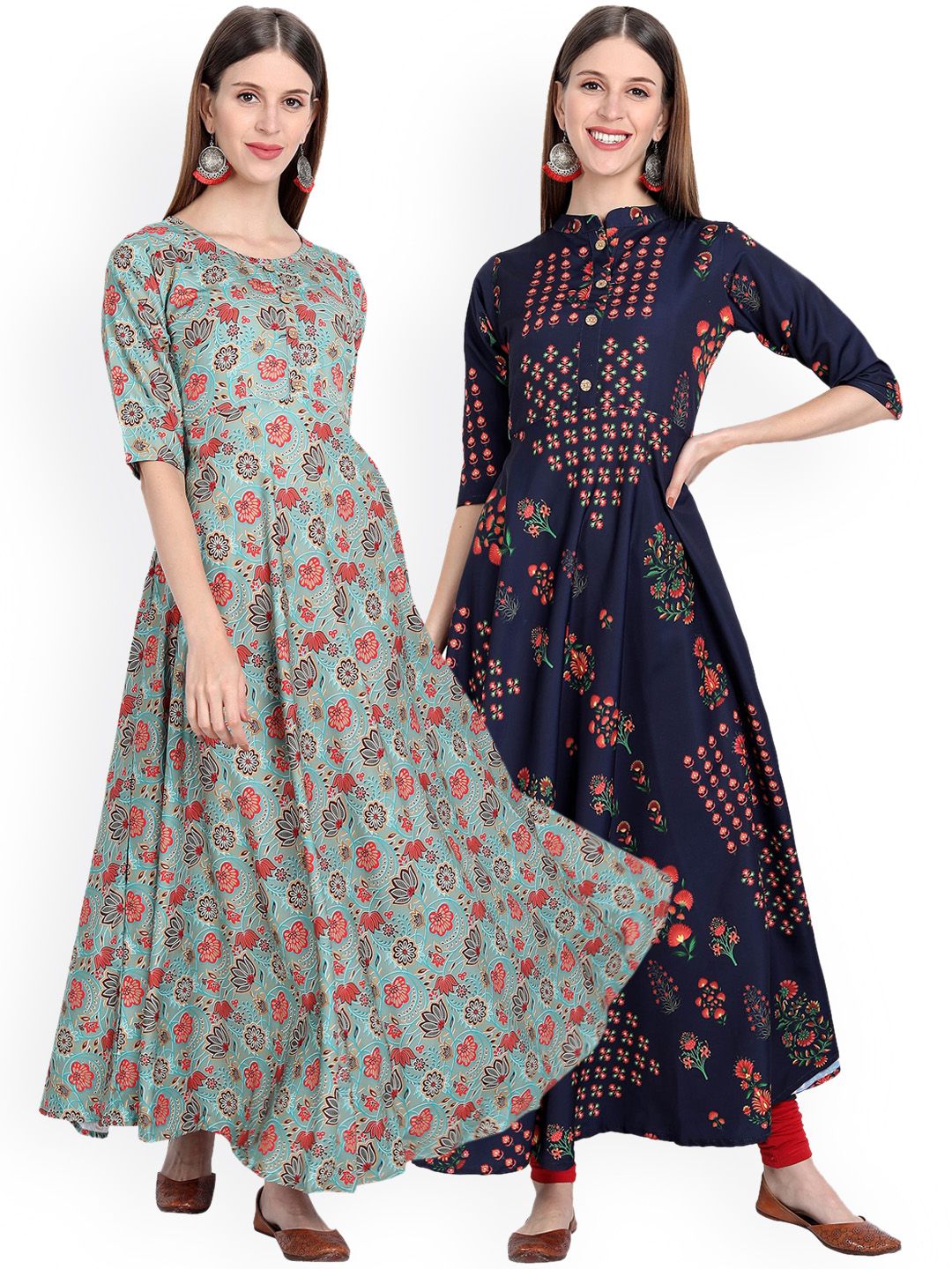 7Threads Women Pack of 2 Navy Blue & Sea Green Floral Printed Anarkali Kurtas Price in India