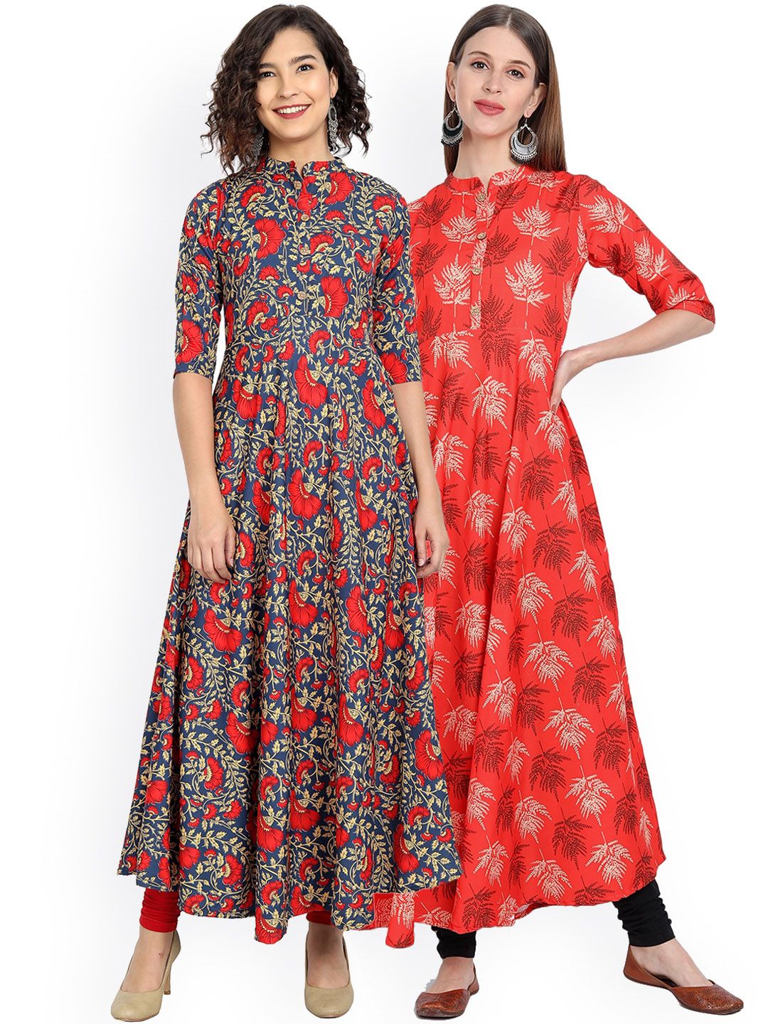 7Threads Women Pack of 2 Blue & Red Floral Printed Anarkali Kurtas Price in India