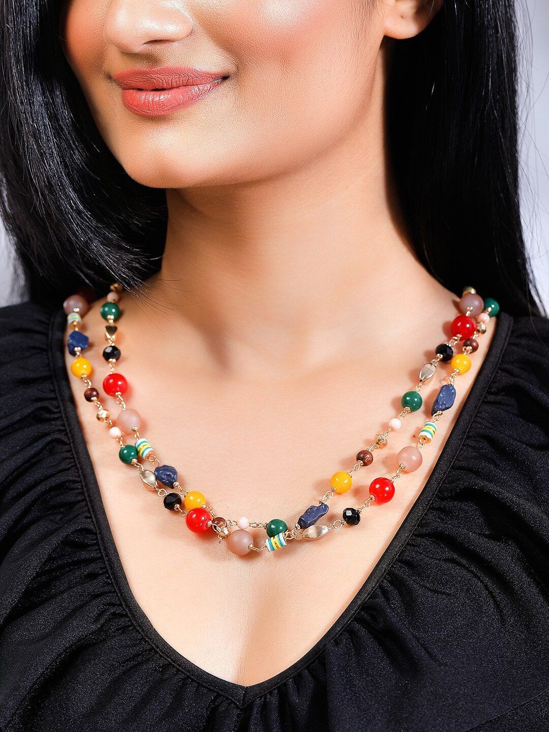 Rubans Voguish Yellow & Blue Beaded Handcrafted Necklace Price in India