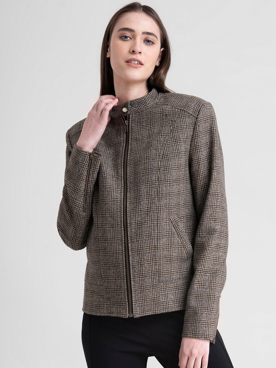 FableStreet Women Brown Checked Tailored Jacket Price in India