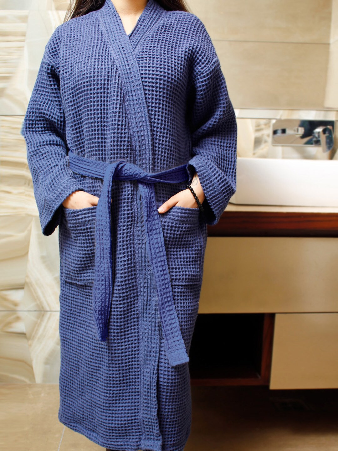 AVI Living Navy Blue Waffle Pure Cotton 1200 GSM Bath Robe With Belt Price in India