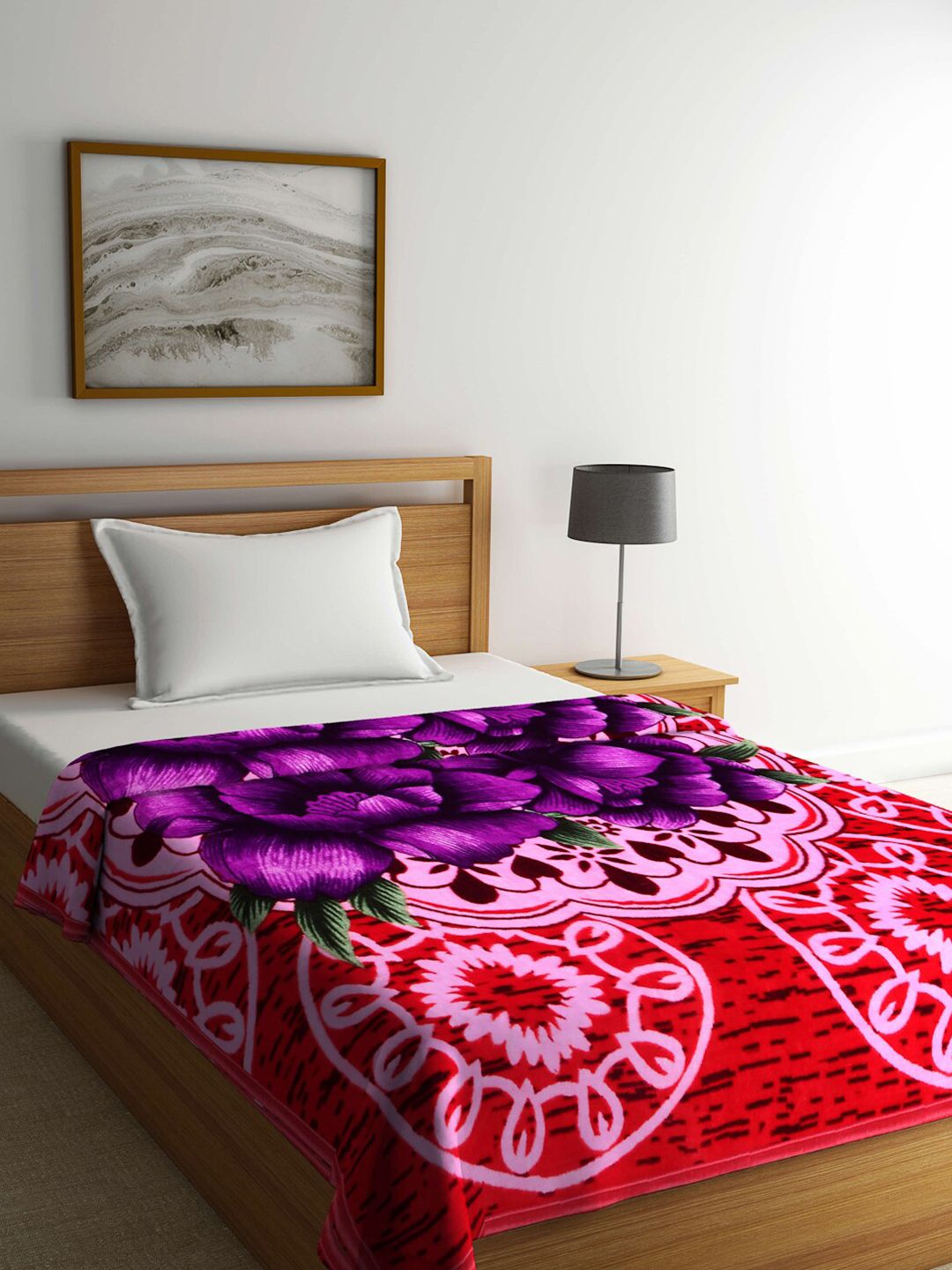 Arrabi Red & Purple Floral Mild Winter Single Bed Blanket Price in India