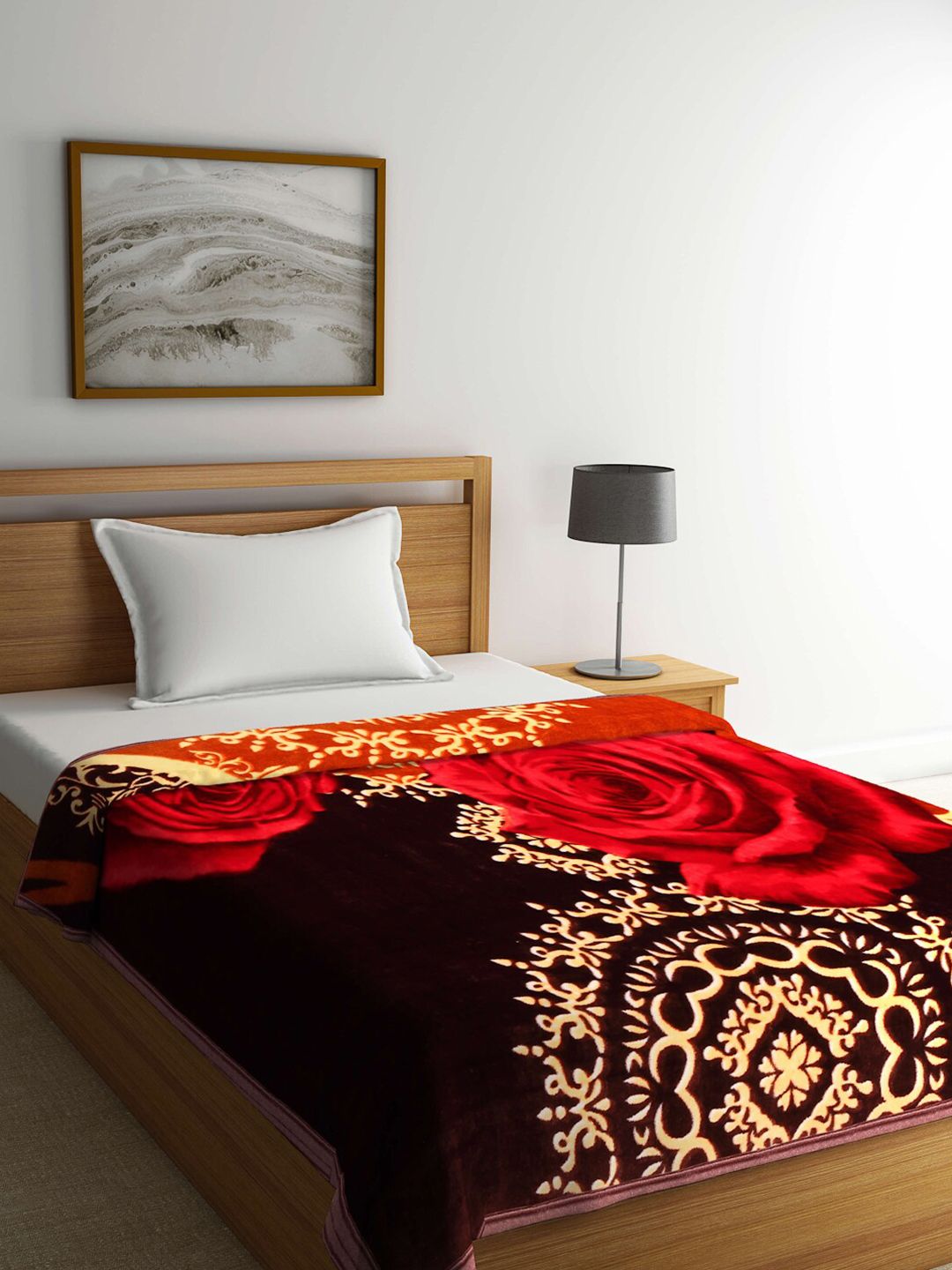 Arrabi Brown & Red Floral Printed Mild Winter 950 GSM Single Bed Blanket Price in India