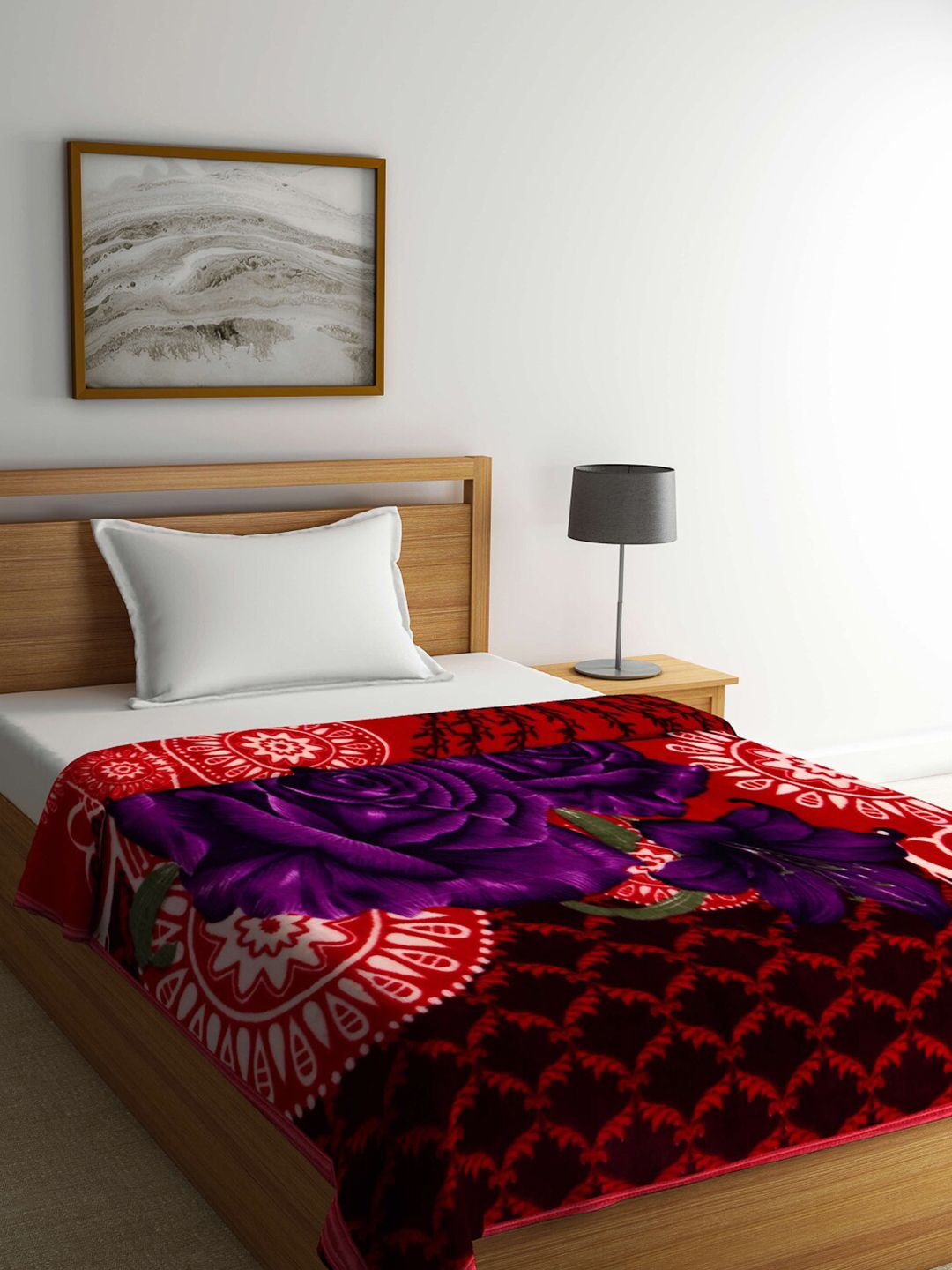 Arrabi Purple & Red Floral 950 GSM Mild Winter Single Bed Blanket Price in India