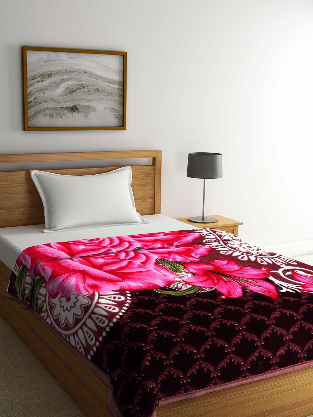 Arrabi Brown & Magenta Floral Mild Winter Single Bed Blanket Price in India