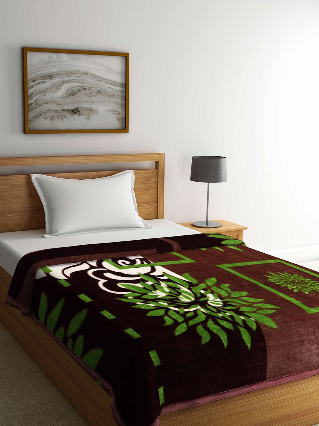 Arrabi Brown & Green Floral Mild Winter Single Bed Blanket Price in India