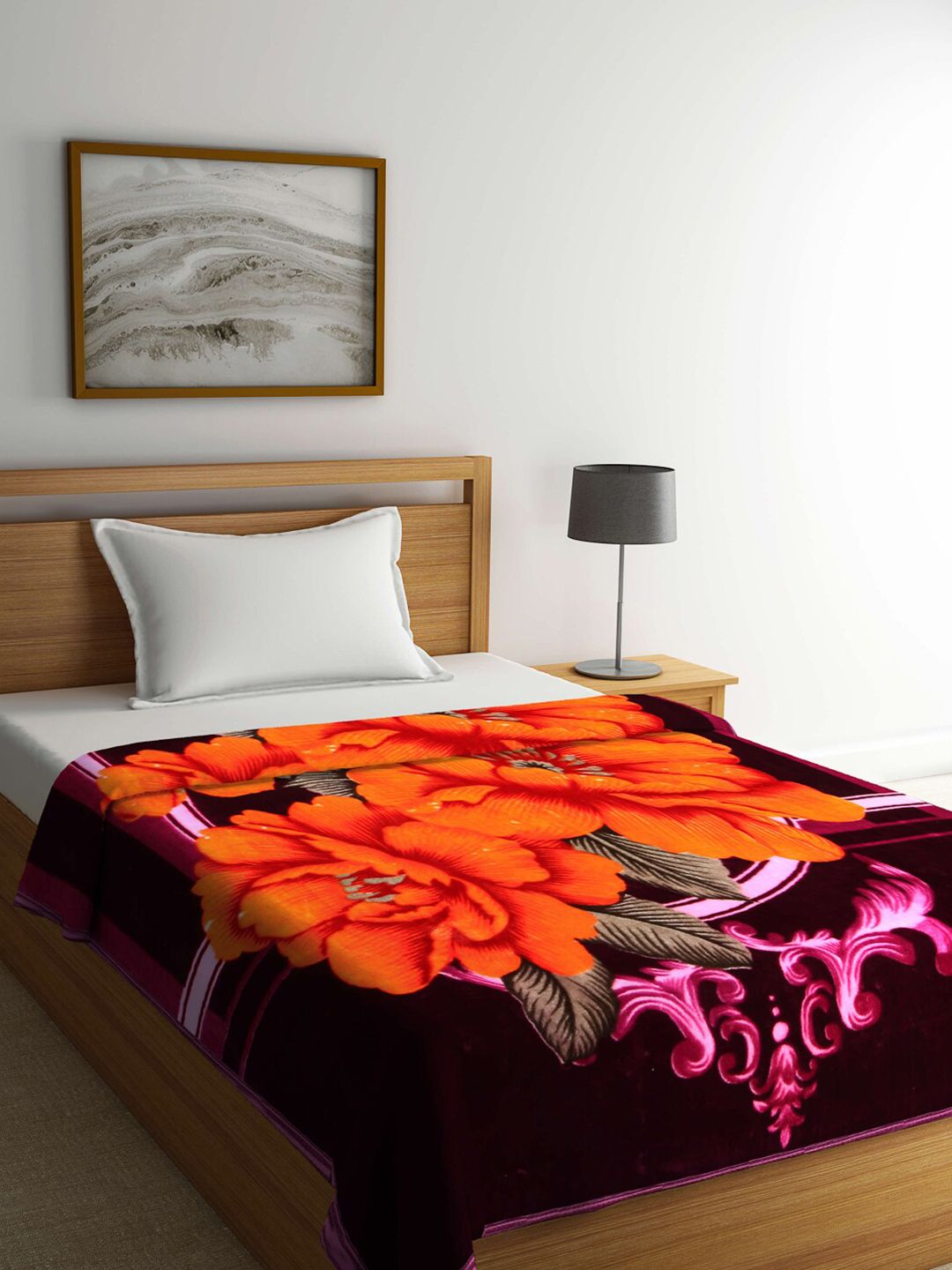 Arrabi Magenta & Orange Floral Mild Winter Single Bed Blanket Price in India