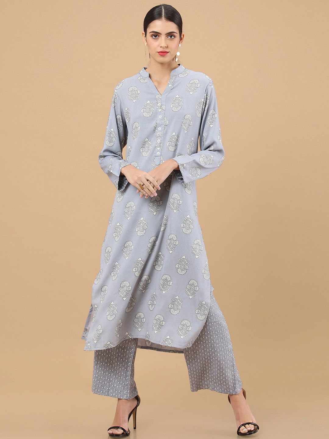 Soch Women Blue & White Ethnic Motifs Printed Kurta with Palazzos Price in India