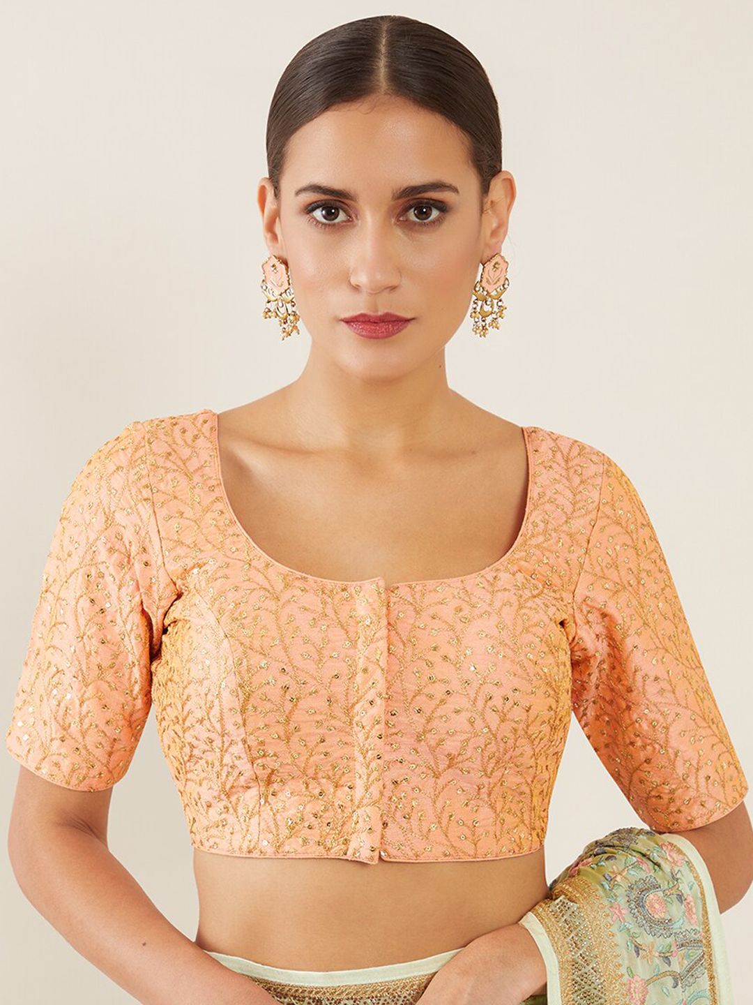 Soch Women Peach-Coloured & Gold-Coloured Embroidered Saree Blouse Price in India