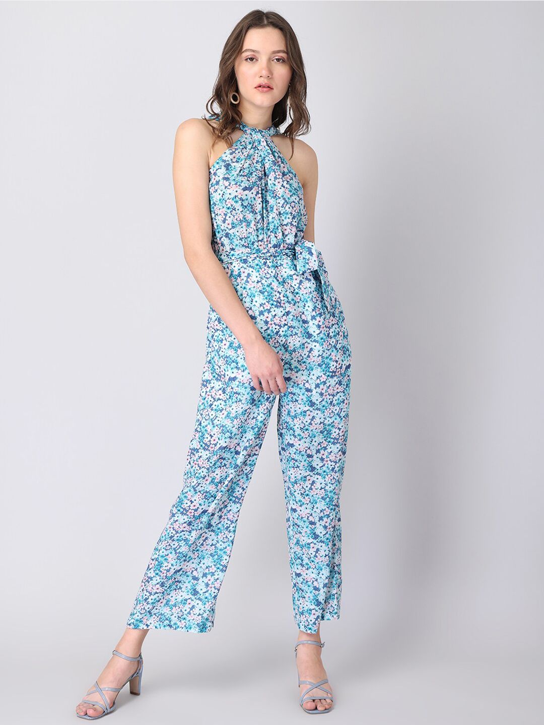 FabAlley Green & Blue Halter Neck Floral Printed Basic Jumpsuit Price in India