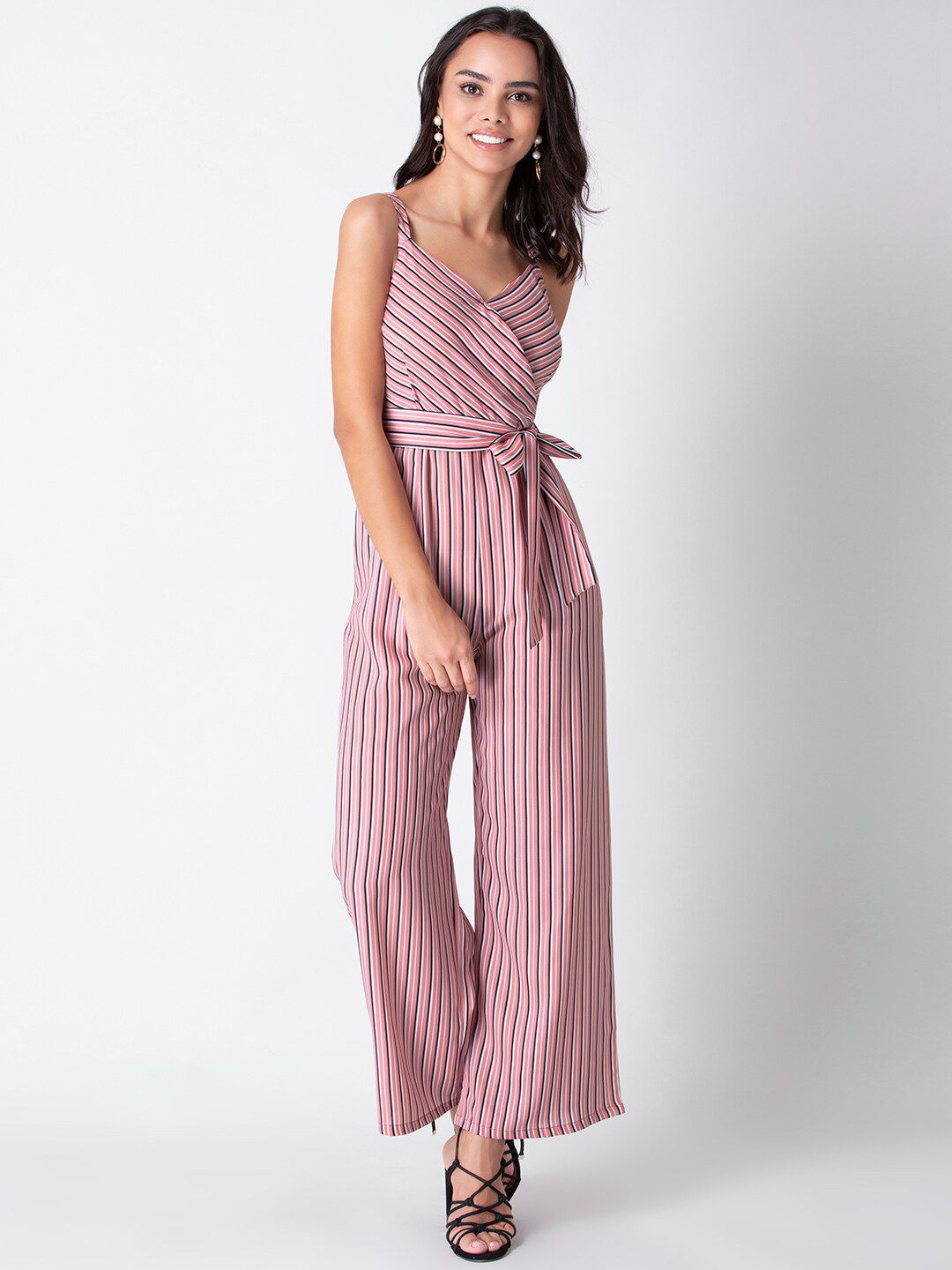 FabAlley Pink & White Striped Basic Jumpsuit Price in India