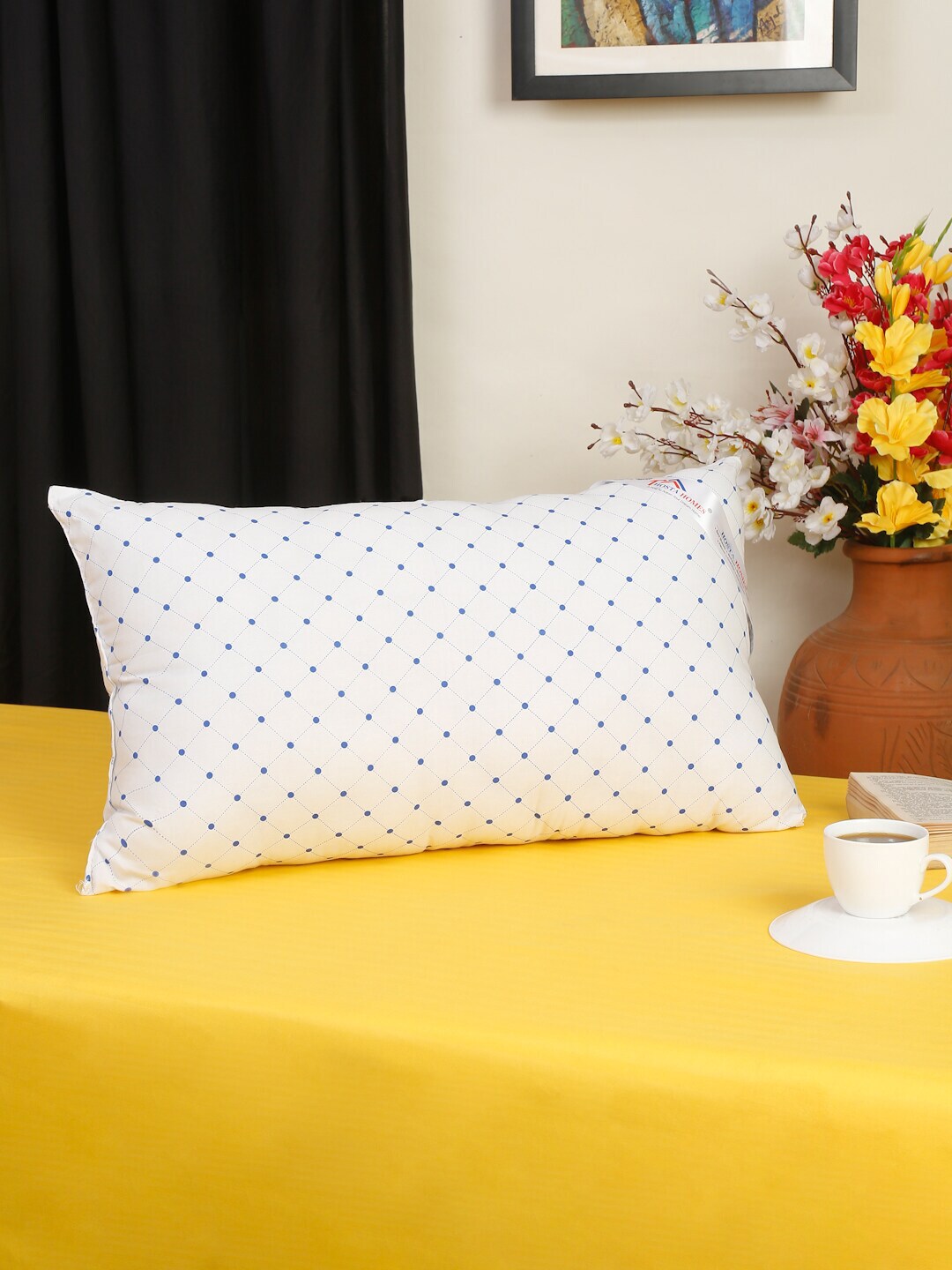 HOSTA HOMES White & Blue Printed Cotton Sleep Pillow Price in India