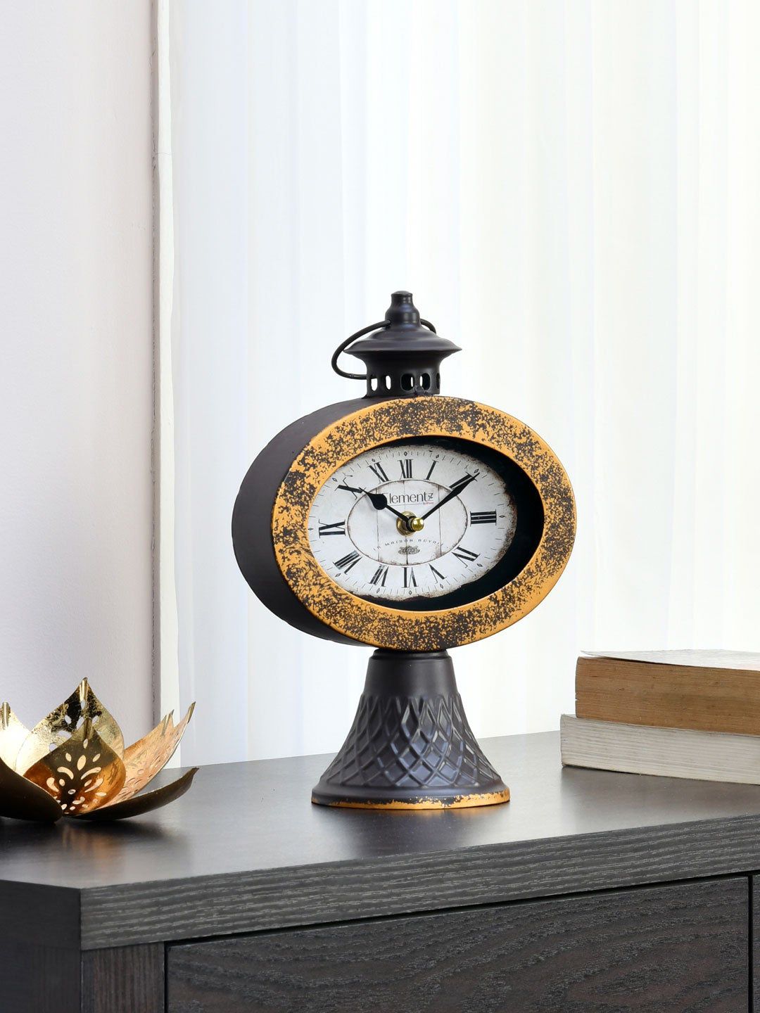 Athome by Nilkamal Brown & Black Textured Abstract Shaped Yore Vintage Table Clock Price in India