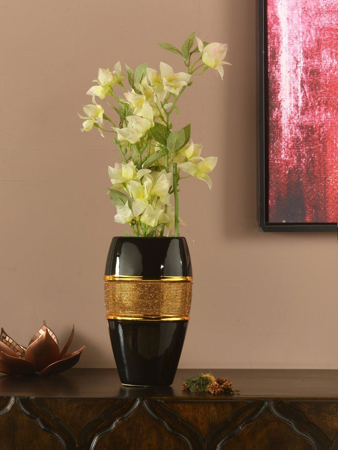 Athome by Nilkamal Black & Gold-Coloured Ceramic Vase Price in India